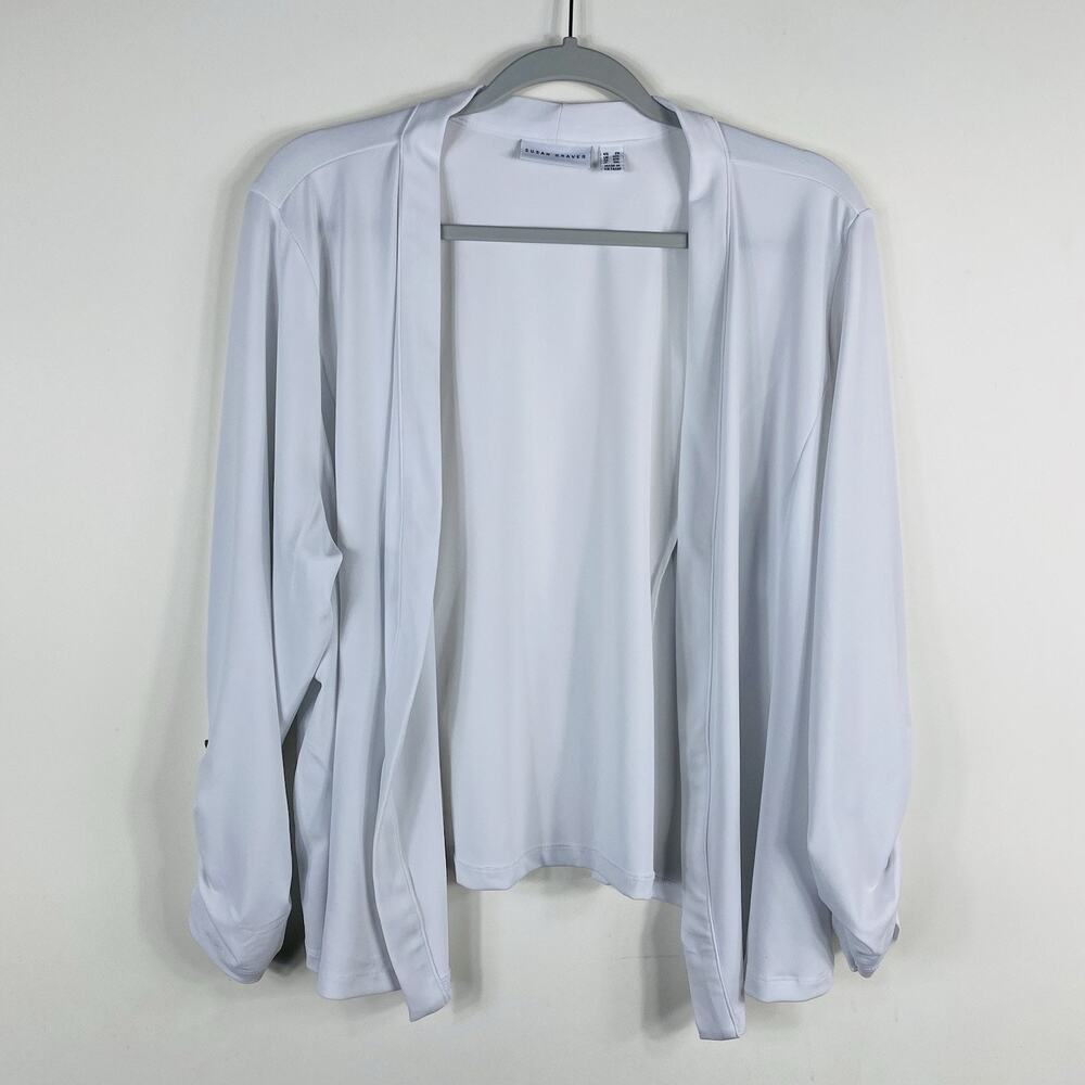 Susan Graver Shrug Top 2X White Liquid Knit Ruched Sleeve Button Detail